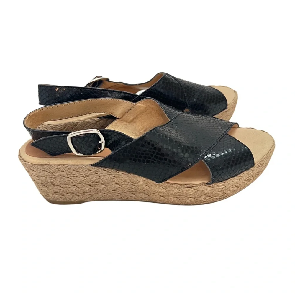 Patricia Green Genuine Leather Black Tan Wedge Espadrilles Sandals 37 7‎